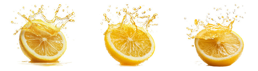 Realistic lemon halves with water splashes isolated on transparent background perfect for refreshing drink packaging or food product advertisements