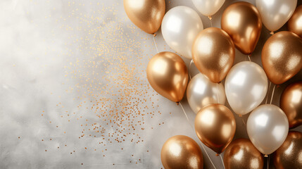 Elegant gold and white balloons with glitter confetti on festive background. Birthday banner with copy space