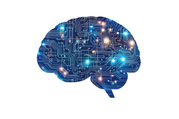 Digital brain illustration with electronic circuits and glowing lights, depicting artificial intelligence and futuristic technology concepts.