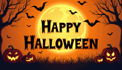 A colorful digital illustration depicting a nighttime Halloween scene. It features a full moon, black silhouettes of trees, flying bats, and pumpkins with carved faces with words "Happy Halloween" 