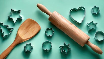 Flat Lay of Baking Tools. Wooden Rolling Pin, Metal Whisk, and Assorted Cookie Cutters in Star, Clover, and Square Shapes. Ideal for Holiday Baking, Creative Pastries, and DIY Cookie Designs
