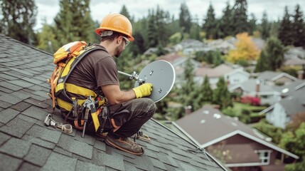 Rooftop Technician Installing Satellite Dish on House