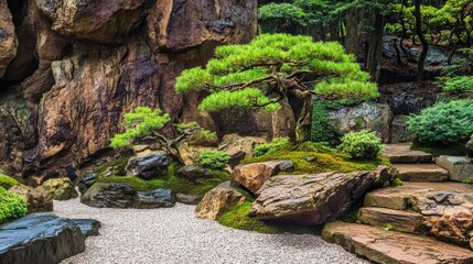 Fototapeta premium Serene Japanese Garden Landscape with Rocks and Pines