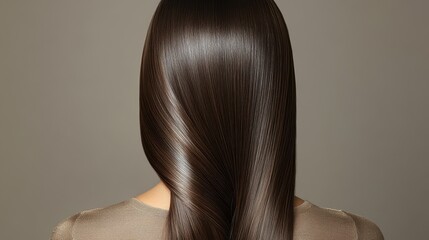 Fototapeta premium Gorgeous model with sleek long shiny brown hair Keratin treatment care and spa for a sleek style