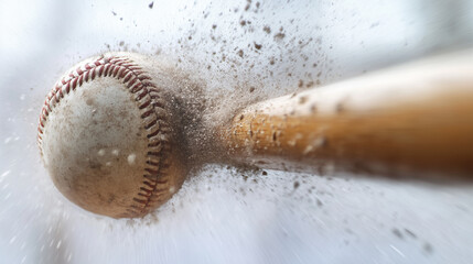 Close-up of a baseball bat hitting a dirty baseball with dust and motion blur.	
