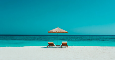 A beautiful white sandy beach with two sun loungers and an umbrella in the middle of it