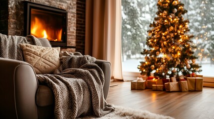 Fototapeta premium A cozy living room with a warm fireplace and a beautifully decorated Christmas tree, perfect for winter gatherings.