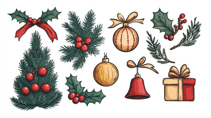 set of Cute Christmas Element Decoration Element, comic style, Christmas tree, christmas bauble, christmas present, holly, christmas bells, isolated on white. Design elements for christmas card, invit