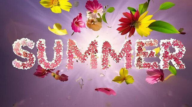An animated lettering of the word Summer as a background consisting of an explosion of flowers and plants.