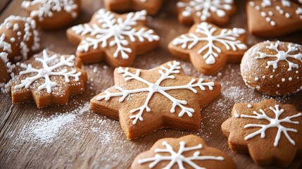 Star-Shaped Gingerbread Cookies Decorated with White Icing Snowflakes