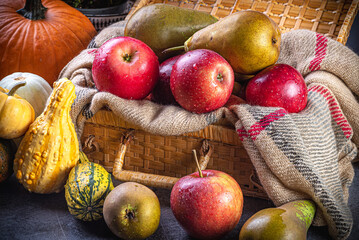 jesienią, jedzenie, dynia, kosz, zbiorów, zdrowa, ,dekoracja, rolnictwa, dojrzałe, kabaczek, pracownik sezonowy, pora roku © yanek