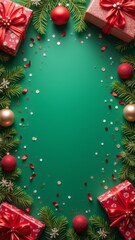 Naklejka premium Festive holiday arrangement with colorful decorations, beautifully wrapped gifts, and sparkling ornaments on a green backdrop