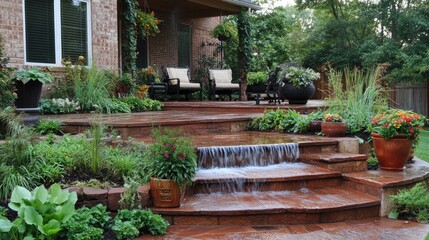 Obraz premium Serene Backyard Oasis with Water Feature and Greenery