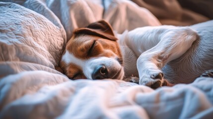 Obraz premium the dog is sleeping in the bed. selective focus