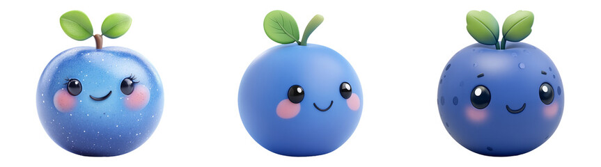 Cartoon-style blueberries with cute expressions isolated on transparent background perfect for children&acirc;&euro;&trade;s book illustrations or fun fruit designs
