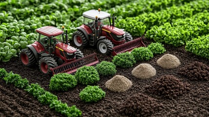 Fototapeta premium Tractors Working on Healthy Green Fields