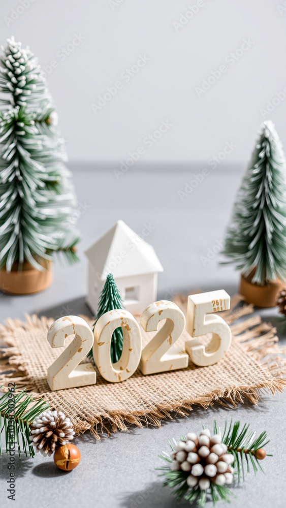 Poster white wooden numbers 2025 with miniature pine trees a house