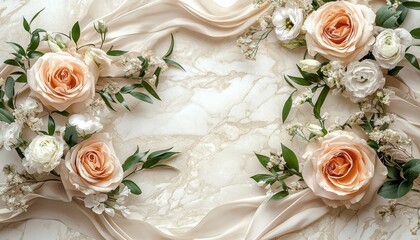 A delicate arrangement of pale roses and greenery on soft fabric, evoking elegance and romance.