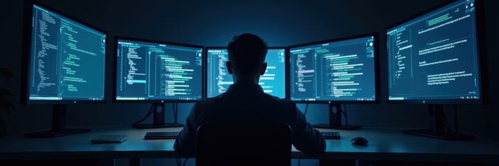 Fototapeta premium A developer working with multiple monitors displaying code in a dark environment, showcasing modern technology and programming skills.