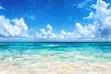 Obraz premium Tropical Oasis: Serene Watercolor Seascape with Blue Sky and White Sand Beach
