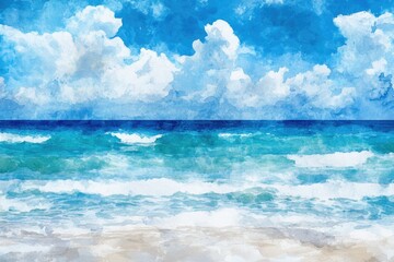 Fototapeta premium Tropical Paradise. Hand drawn Watercolor Seascape of Beach Under Blue Skies for Summer Vacation