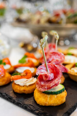 A close-up of assorted canapés on a slate serving platter. appetizers feature a variety of textures and colors, including skewered salami, cucumber, and croutons, making it ideal for culinary content.