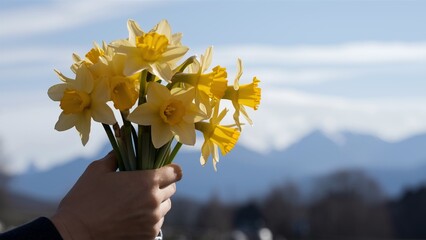 Hand Holding Yellow Daffodils with Blurred Mountains in Background