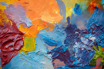 Colorful abstract texture. Smears of oil paint and a palette knife on an art palette. The concept of the modern school of art. Fragment of creative work. Colors of the year 2025