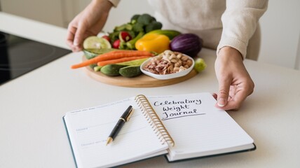 Hand on Healthy Meal Plan Celebrating Weight Loss Achievement