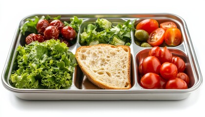 A healthy meal tray featuring fresh vegetables, cherry tomatoes, olives, and a slice of bread, ideal for balanced nutrition.