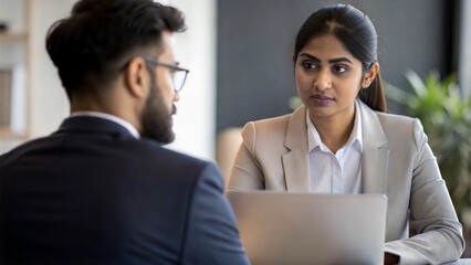 An Indian HR manager conducting a performance review with an employee.
