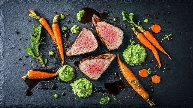 A delicate arrangement of sous-vide lamb loin slices with minted pea pur&eacute;e, roasted baby carrots, and a red wine jus, viewed from above