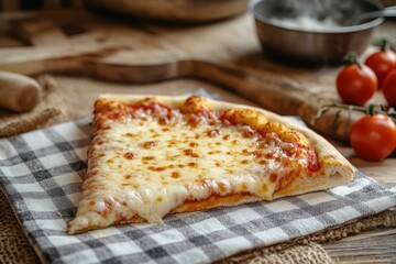food photography, pizza slice with melted cheese on a checkered tablecloth, rustic kitchen atmosphere with simmering pots in the background text can be added