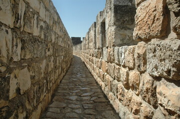 View of a section of the ramparts atop the ancient walls of the Old Cit of Jerusalem, Israel. © Yehoshua Halevi