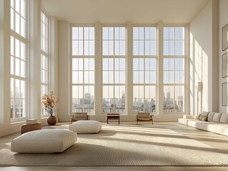 Fototapeta premium Bright and airy modern living room featuring large windows and minimalistic decor, perfect for relaxation and enjoying city views.