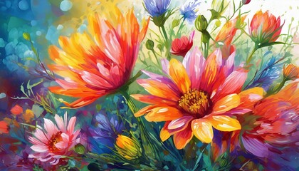 Fototapeta na wymiar Namalowane kolorowe kwiaty obraz