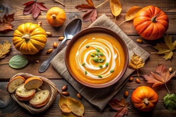 delicious cream of pumpkin soup on a wooden table, autumn background