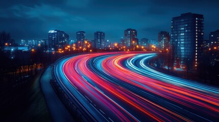 Long exposure of vibrant light trails on a curved urban highway at night in a modern city