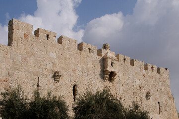 A detailed section of the stone ramparts and walls of the Old City of Jerusalem, Israel. © Yehoshua Halevi