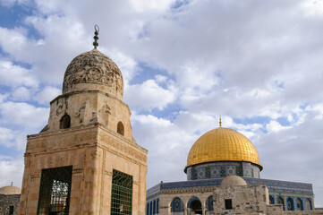 View of the Dome of the Rock shrine on the Haram Al-Sharif or Temple Mount in the Old City of Jerusalem, Israel.