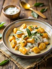 pumpkin gnocchi on wooden table, thanksgiving autumn food concept