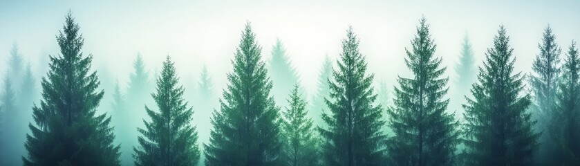Obraz premium Tall evergreen trees in misty forest landscape.