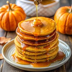 pancakes with honey on wooden table autumn background, thanksgiving fall food concept 