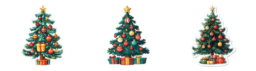 Stylized Christmas trees with gifts isolated on transparent background perfect for holiday decor packaging or Christmas-themed advertisements