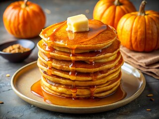 stack of pumpkin pancakes with syrup on wooden table fall background, warm autumn food concept