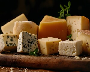 Assortment of cheeses on a wooden board.