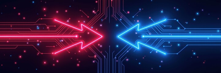 Dynamic digital arrows in red and blue, symbolizing direction, choice, and technological advancement. Perfect for tech, marketing, or innovation themes.