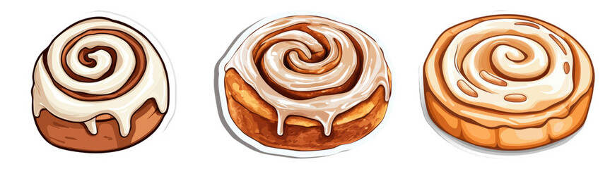 Cartoon-style cinnamon rolls with frosting isolated on transparent background perfect for dessert product packaging or bakery advertisements