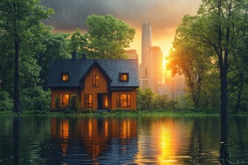 Fototapeta premium A cozy house by a tranquil lake amidst a vibrant city skyline at sunset