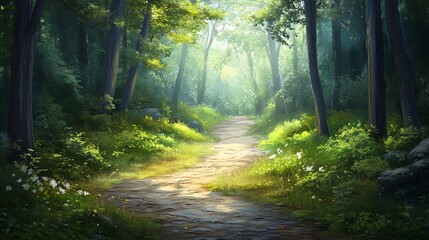 Obraz premium Tranquil Forest Pathway Surrounded by Nature Sounds